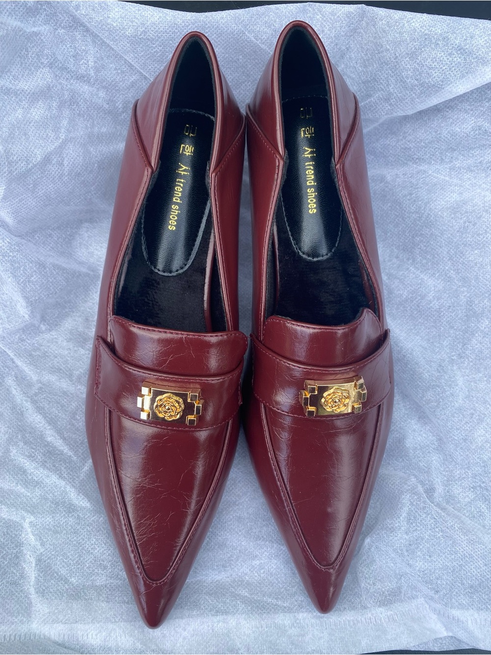 Burgundy Pointed Toe Loafers with Gold Accent